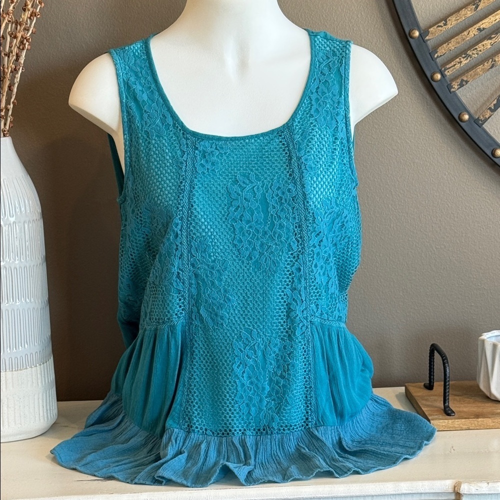 LIVE and LET LIVE Teal Boho Peasant Tiered Ruffle Sleeveless Top Size Large